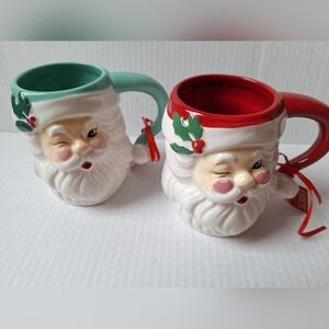 NWT Lang By Design Handpainted Winking Santa Mugs Lot of 2 Microwave safe